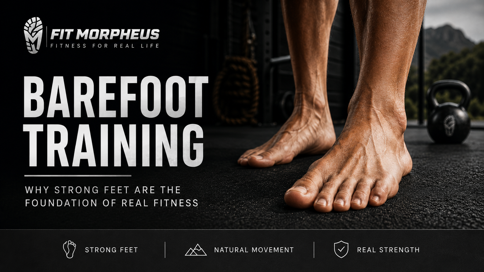 Fit Morpheus barefoot training guide featuring bare feet on a gym floor, focused on strong feet, natural movement, balance, and real-world strength.