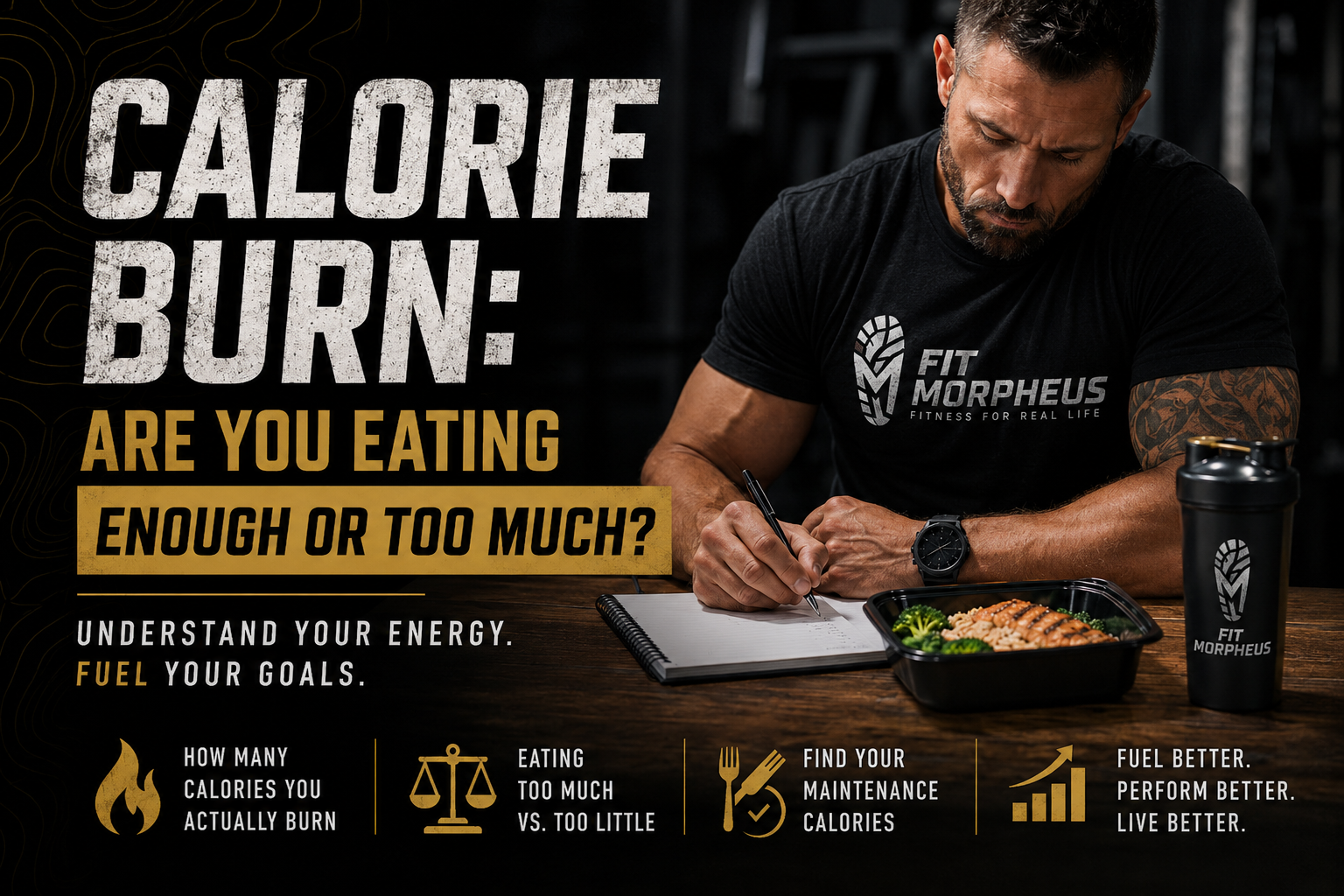 Fit Morpheus calorie burn guide featuring a fit man tracking nutrition beside a healthy meal, focused on calories, maintenance intake, energy balance, and fueling goals.