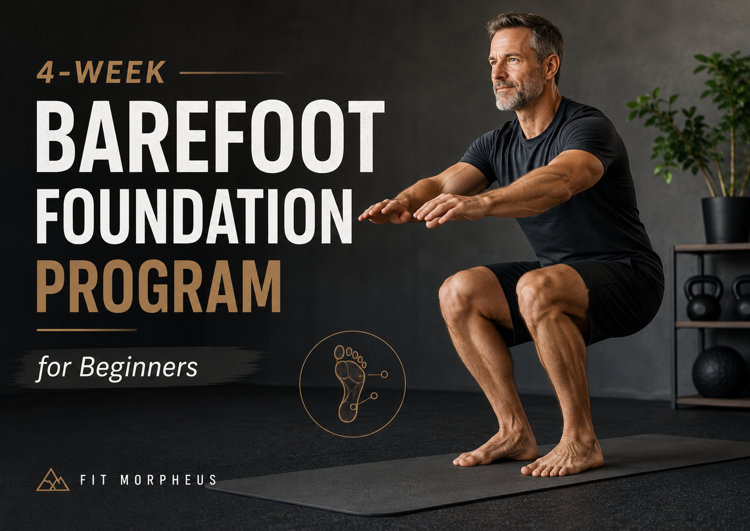 Fit Morpheus 4-Week Barefoot Foundation Program for Beginners featuring a barefoot man performing a controlled squat to build foot strength, balance, and functional fitness.
