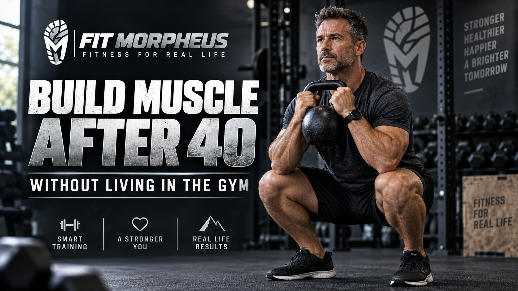 Fit Morpheus featured image for “How to Build Muscle After 40 Without Living in the Gym,” featuring a fit middle-aged man performing a kettlebell squat in a strength-training gym.