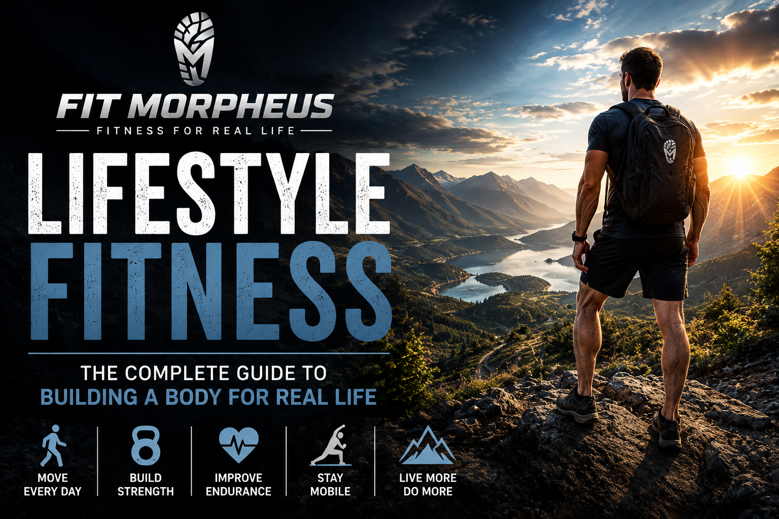 Fit Morpheus Lifestyle Fitness guide featuring a fit hiker overlooking a mountain valley, focused on daily movement, strength, endurance, mobility, and real-life capability