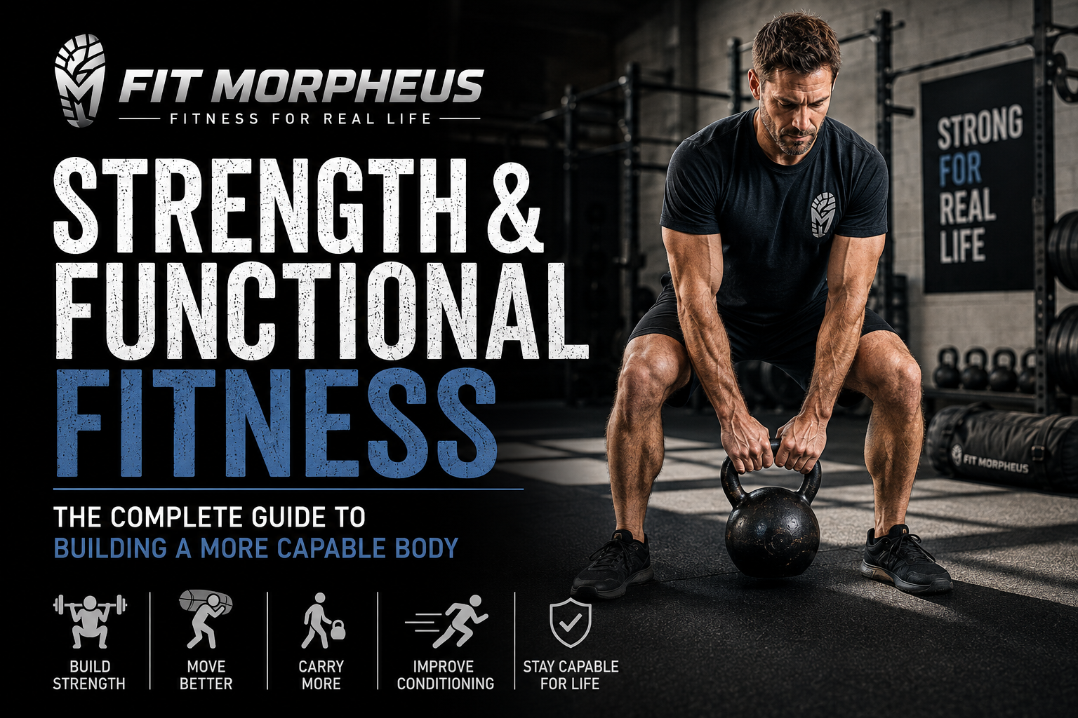 Fit Morpheus Strength & Functional Fitness guide featuring a man lifting a kettlebell in a gym, focused on strength, movement, conditioning, carrying capacity, and lifelong capability.
