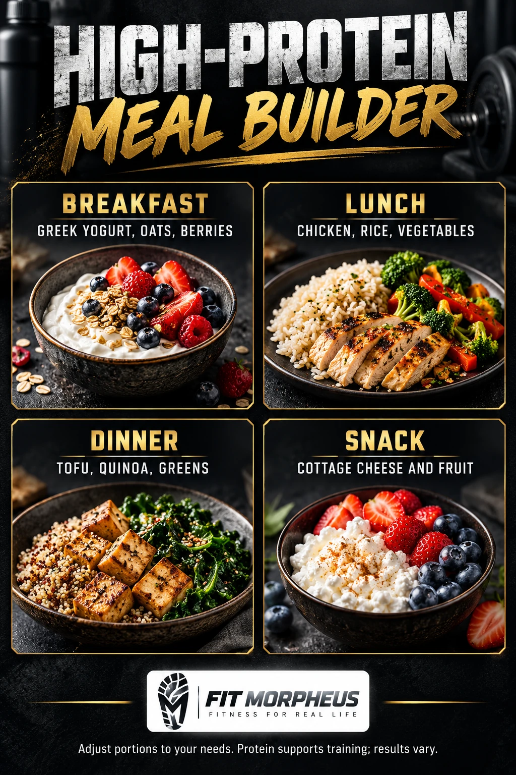 Four high-protein meal ideas: Greek yogurt breakfast, chicken lunch, tofu dinner and cottage cheese snack.