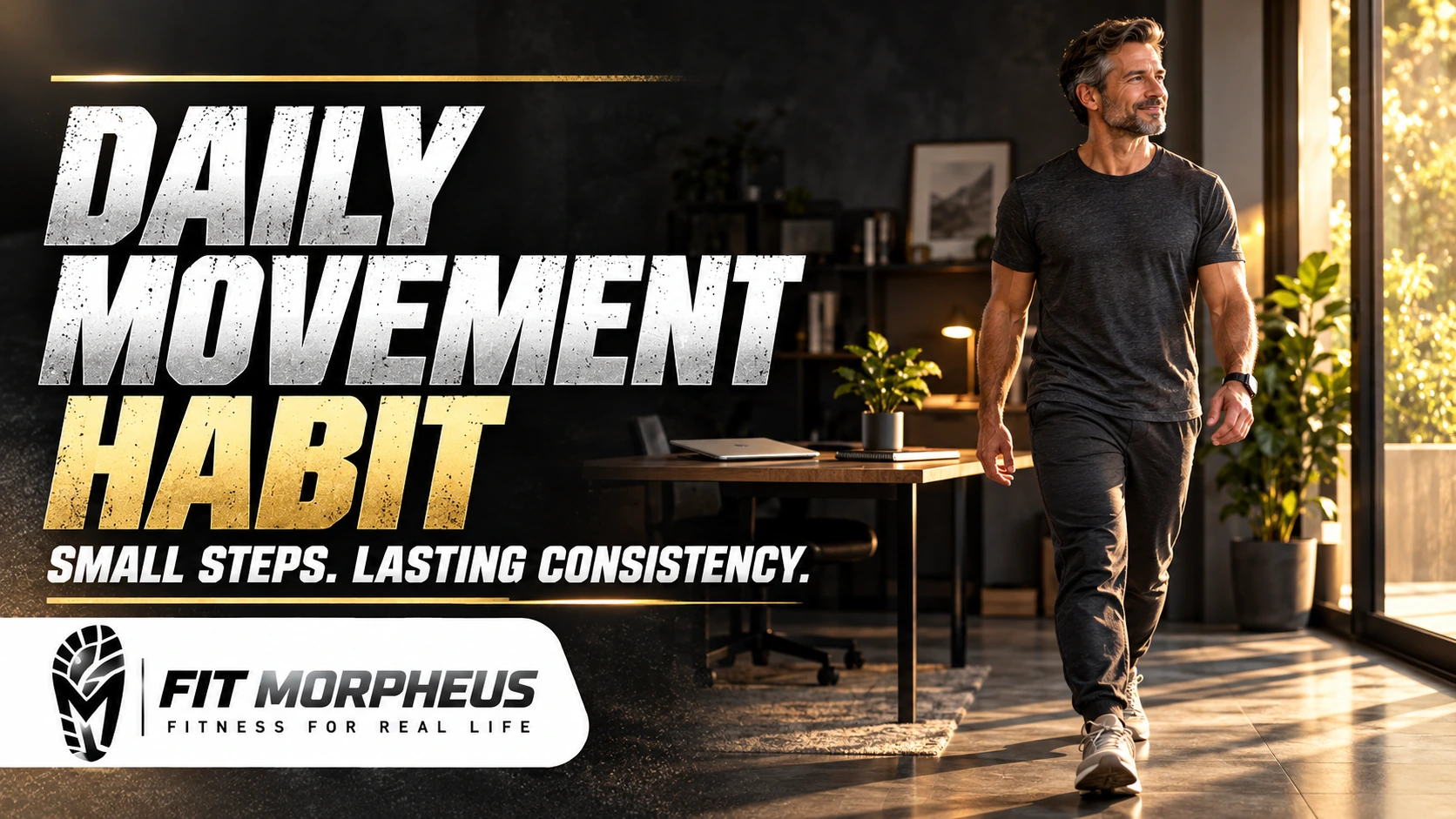 Man taking a walking break from his home office beside “Daily Movement Habit—Small Steps. Lasting Consistency.” with Fit Morpheus branding.